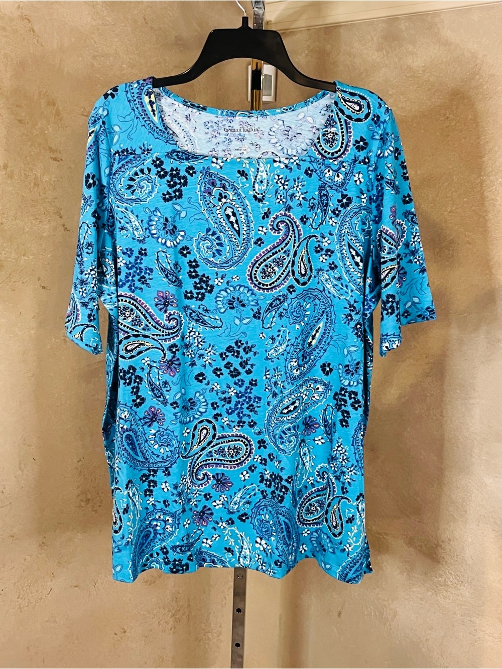 Woman Within Printed Perfect Square-Neck Tee 18/20 Pretty Turquoise Paisley